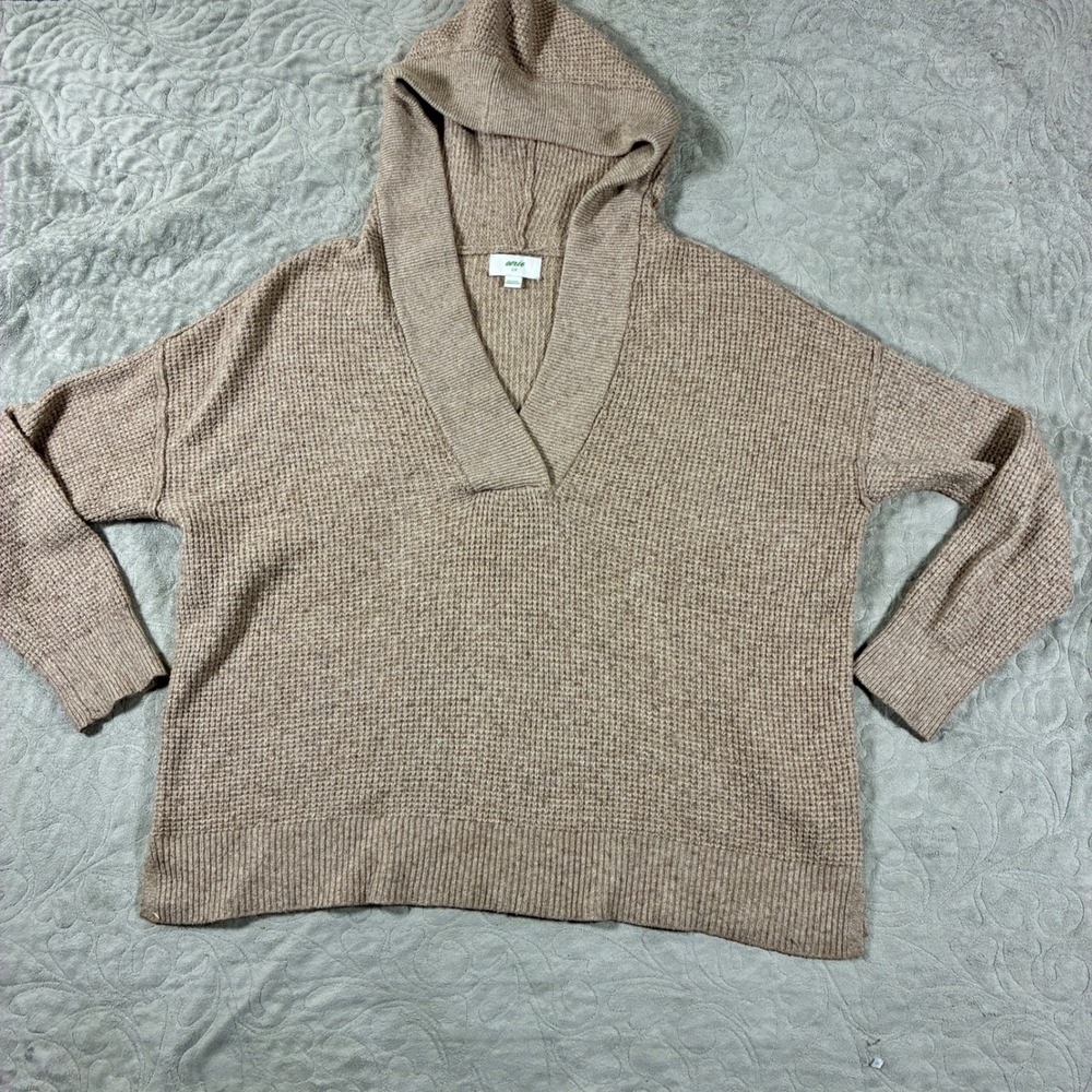 Aerie Waffle Knit Hooded Sweater Size S Tan Neutral Cozy Oversized Capsule